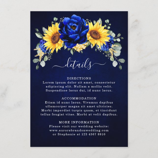 Tarjeta De Recepción Detalles del Boda moderno de girasol ruso azul rea (Anverso)