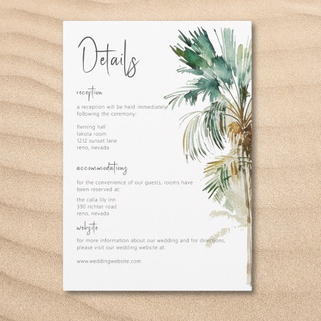 Tarjeta De Recepción Detalles del Boda moderno de palmeras tropicales (Tropical Palm Trees Modern Wedding Details Enclosure Card)