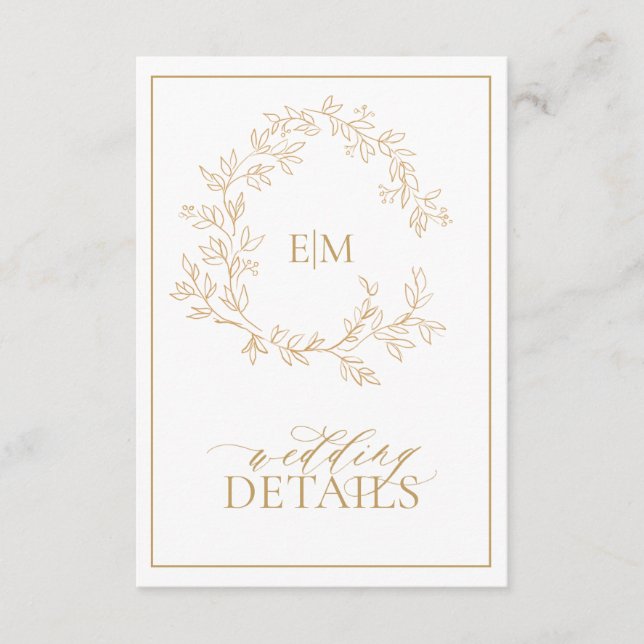 Tarjeta De Recepción Detalles del Boda Monograma Escudo de Leafy Gold M (Anverso)