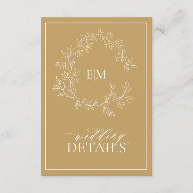 Tarjeta De Recepción Detalles del Boda Monograma Escudo de Leafy Gold M (Anverso)