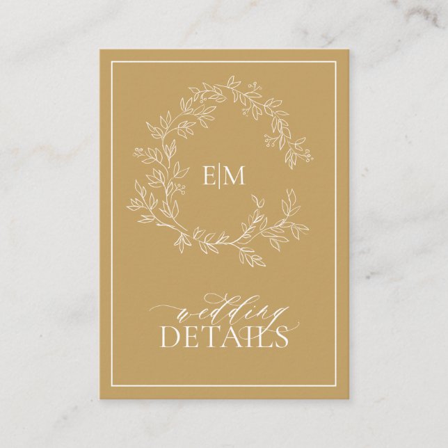 Tarjeta De Recepción Detalles del Boda Monograma Escudo de Leafy Gold M (Anverso)