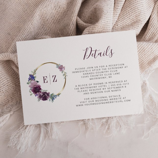 Tarjeta De Recepción Detalles del Boda Monograma Morado Floral (Subido por el creador)