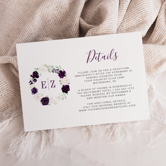 Tarjeta De Recepción Detalles del Boda Monograma Morado Floral (Subido por el creador)