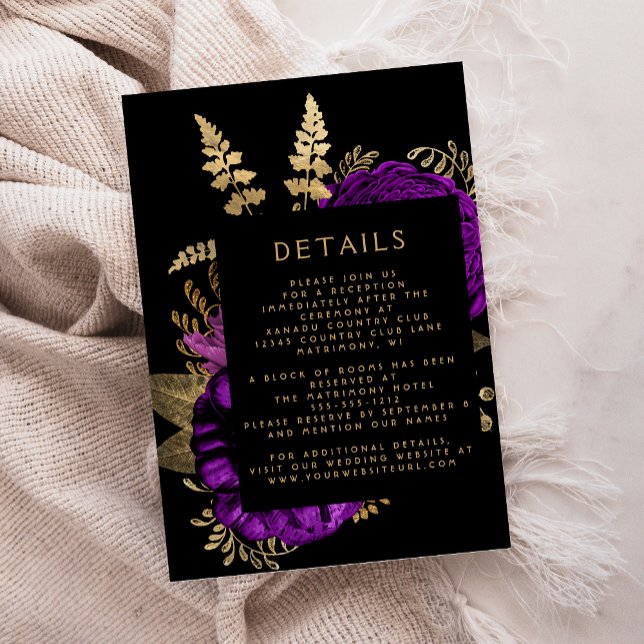 Tarjeta De Recepción Detalles del Boda Moody Dark Floral Purple Gold (Subido por el creador)