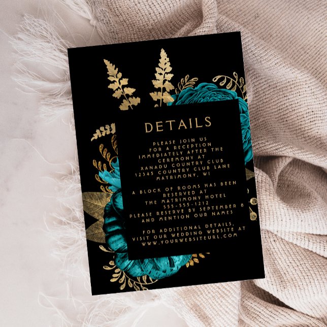 Tarjeta De Recepción Detalles del Boda Moody Dark Floral Turquoise Gold (Subido por el creador)