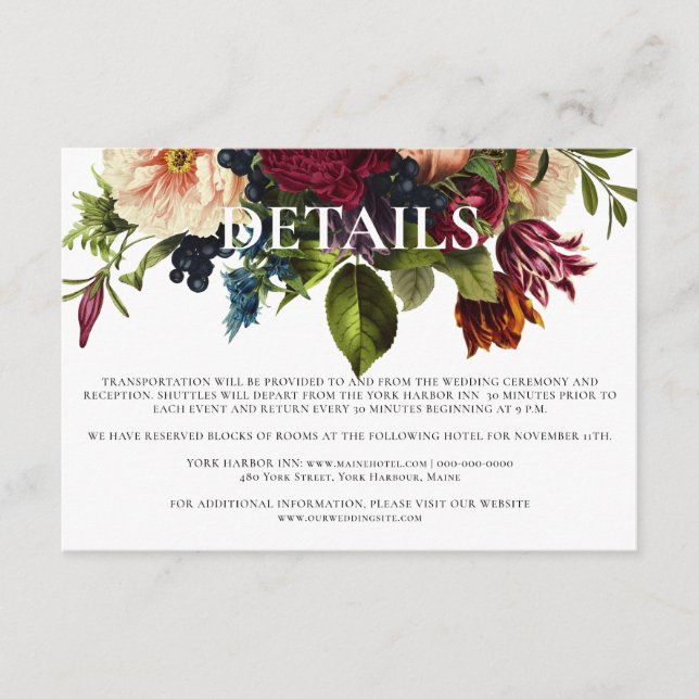 Tarjeta De Recepción Detalles del Boda Moody Floral Burgundy (Anverso)