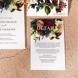 Tarjeta De Recepción Detalles del Boda Moody Floral Burgundy