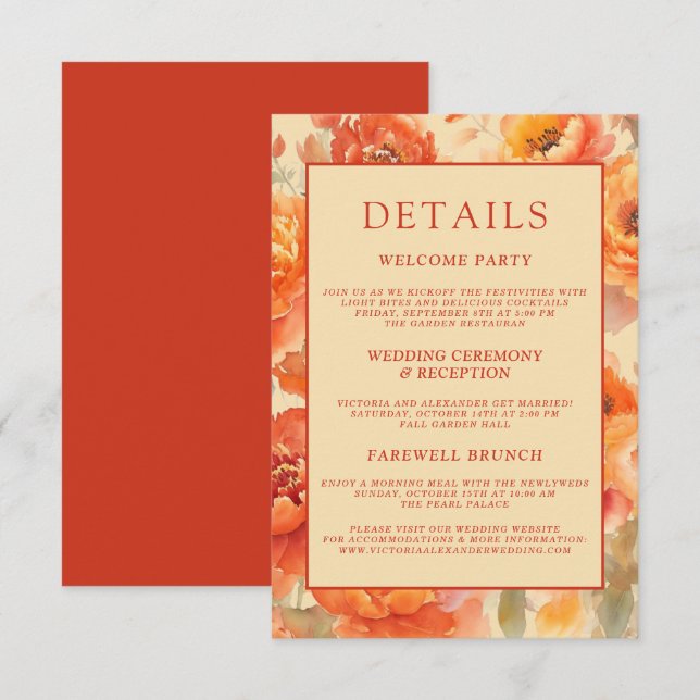 Tarjeta De Recepción Detalles del boda Naranja Quemado Floral (Anverso / Reverso)