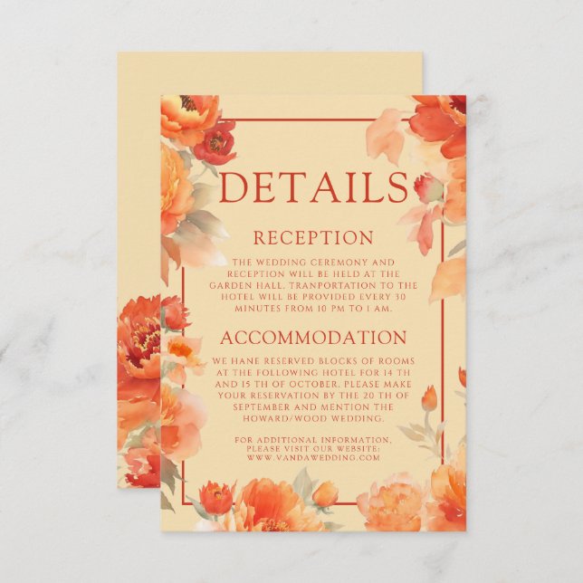 Tarjeta De Recepción Detalles del boda Naranja Quemado Floral (Anverso / Reverso)