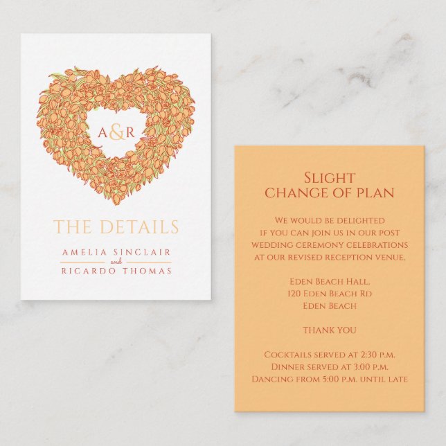 Tarjeta De Recepción detalles del boda naranja tulipano monograma cardí (Anverso / Reverso)