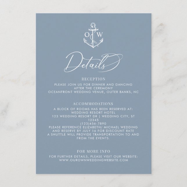 Tarjeta De Recepción Detalles del Boda Náutico del Ancla Azul Dusty (Anverso)