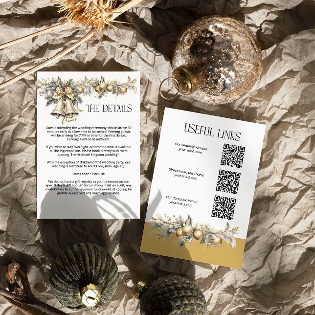 Tarjeta De Recepción Detalles del Boda navidad Golden Holly Bells (Wedding Details Enclosure Card from the Holly Bells Wedding Collection by Darling & May)