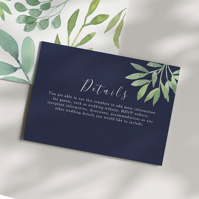 Tarjeta De Recepción Detalles del Boda Navy Blue Greenery (Subido por el creador)