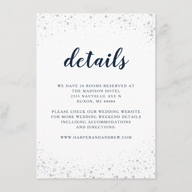 Tarjeta De Recepción Detalles del Boda Navy Blue Silver (Anverso)