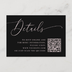 Tarjeta De Recepción Detalles del Boda negro con código QR y guión rosa