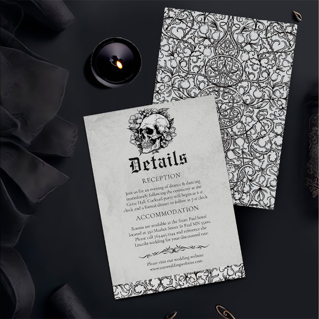 Tarjeta De Recepción Detalles del Boda negro de cráneo floral gótico (Subido por el creador)