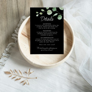 Tarjeta De Recepción Detalles del Boda negro del eucalipto minimalista
