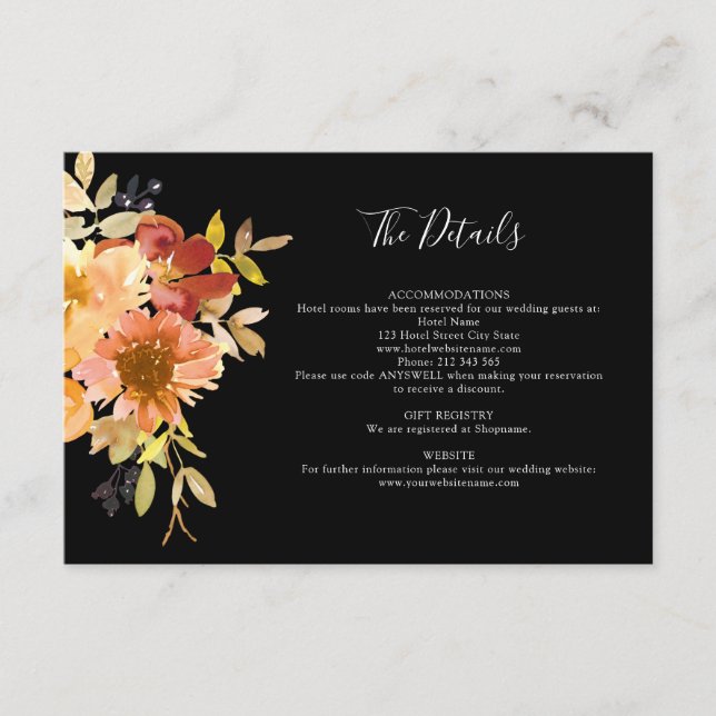 Tarjeta De Recepción Detalles del Boda negro floral acuarela de otoño (Anverso)