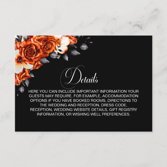Tarjeta De Recepción Detalles del Boda negro floral del Naranja quemado (Anverso)