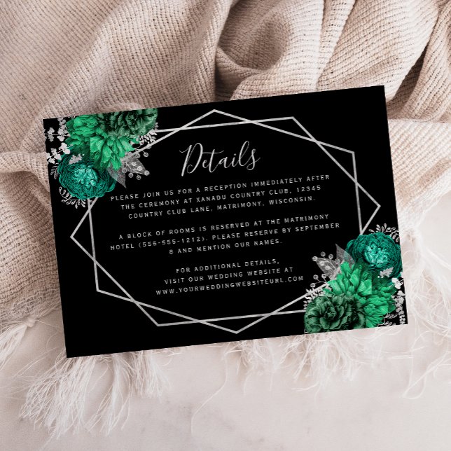 Tarjeta De Recepción Detalles del Boda negro floral verde esmeralda (Subido por el creador)
