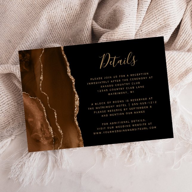 Tarjeta De Recepción Detalles del Boda negro Mocha Brown Gold Agate (Subido por el creador)