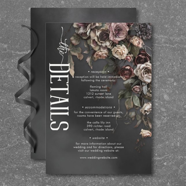 Tarjeta De Recepción Detalles del Boda negro Moody Gothic Flowers y Mis (Black Moody Gothic Flowers & Mist Wedding Details Enclosure Card)