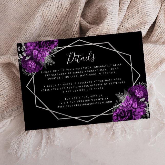 Tarjeta De Recepción Detalles del Boda negro morado floral plateado (Subido por el creador)