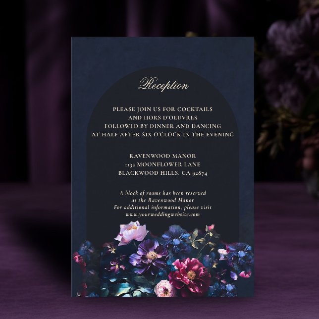 Tarjeta De Recepción Detalles del Boda negro oscuro romántico floral (dark moody wedding details card purple black jewel tones dutch painting romantic gothic)
