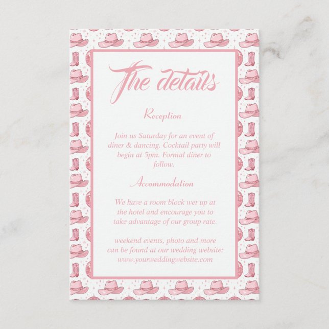 Tarjeta De Recepción Detalles del Boda occidental rosado (Anverso)
