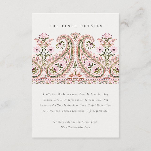 Tarjeta De Recepción Detalles del Boda Paisley Motif Green Floral Rosa (Anverso)