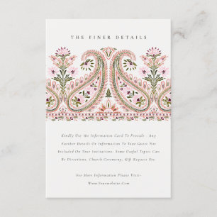 Tarjeta De Recepción Detalles del Boda Paisley Motif Green Floral Rosa