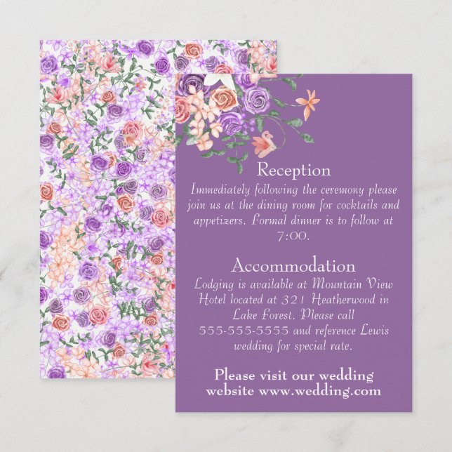 Tarjeta De Recepción Detalles del Boda Peach, Lilac & Clay Rose Bouquet (Anverso / Reverso)