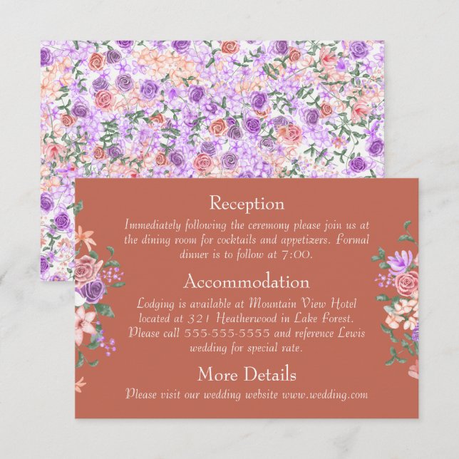 Tarjeta De Recepción Detalles del Boda Peach, Lilac & Clay Rose Bouquet (Anverso / Reverso)