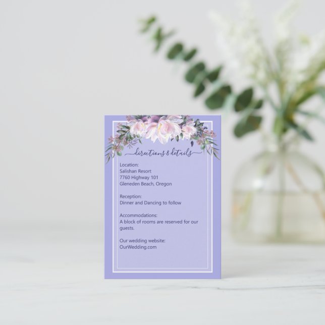 Tarjeta De Recepción Detalles del Boda Peony Garden Periwinkle Lavender (Anverso de pie)