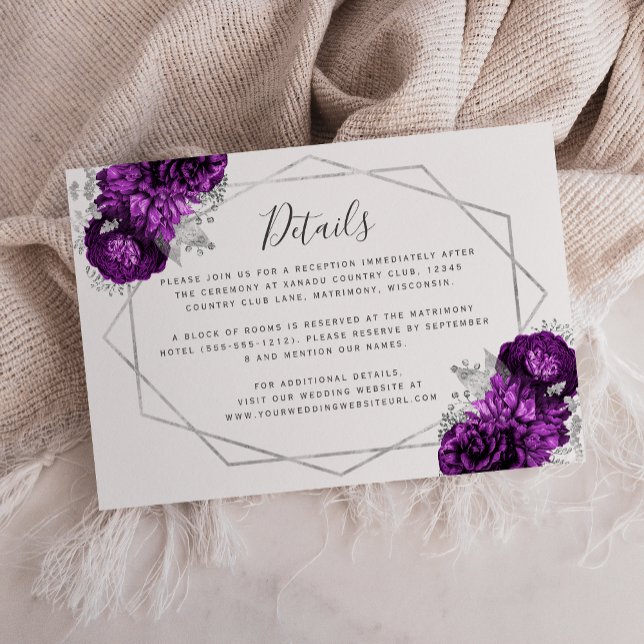 Tarjeta De Recepción Detalles del Boda Plata Floral Pluma Púrpura (Subido por el creador)