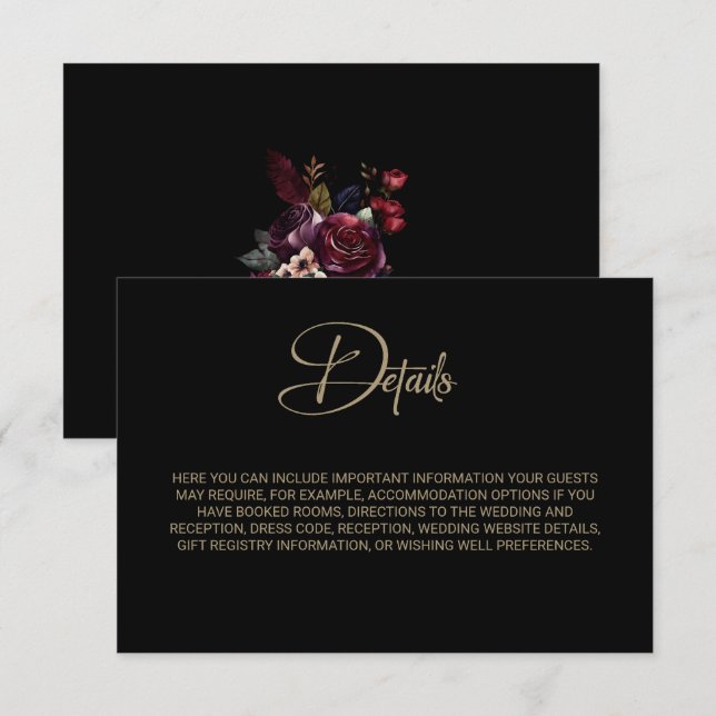 Tarjeta De Recepción Detalles del Boda Purple Burgundy Black Floral (Anverso / Reverso)