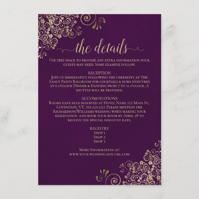 Tarjeta De Recepción Detalles del Boda Purple de Plum Elegante (Anverso)