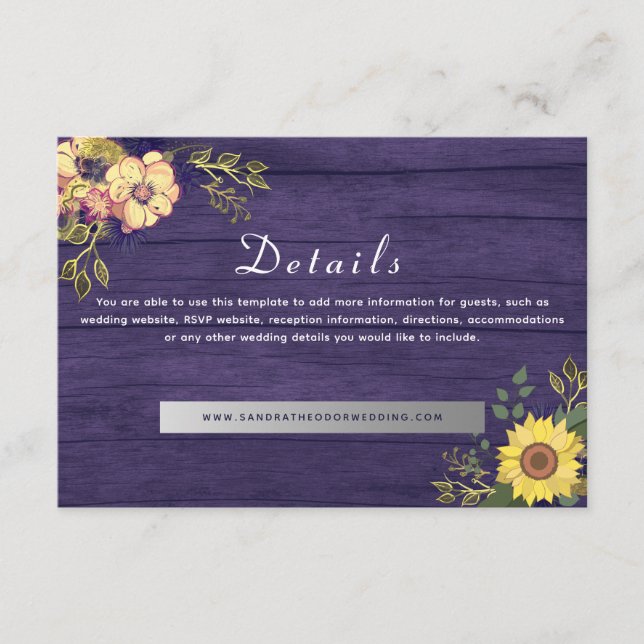 Tarjeta De Recepción Detalles del Boda Purple Floral (Anverso)