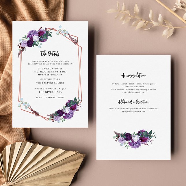 Tarjeta De Recepción Detalles del Boda Purple Floral (Purple Floral Wedding Details Card)