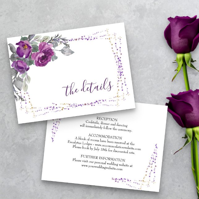 Tarjeta De Recepción Detalles del Boda Purple Floral Elegant Script (Purple floral details insert card from my Plush Purple Wedding Collection )