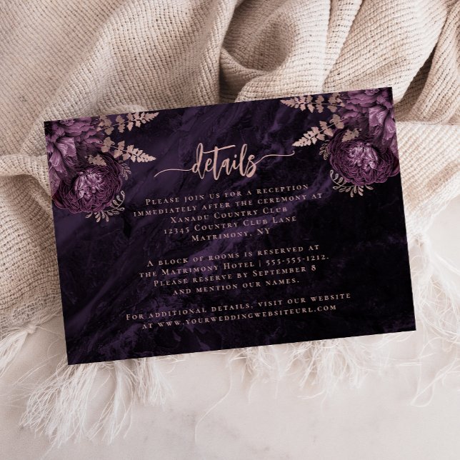 Tarjeta De Recepción Detalles del Boda Purple Rosa Gold Floral Script (Subido por el creador)