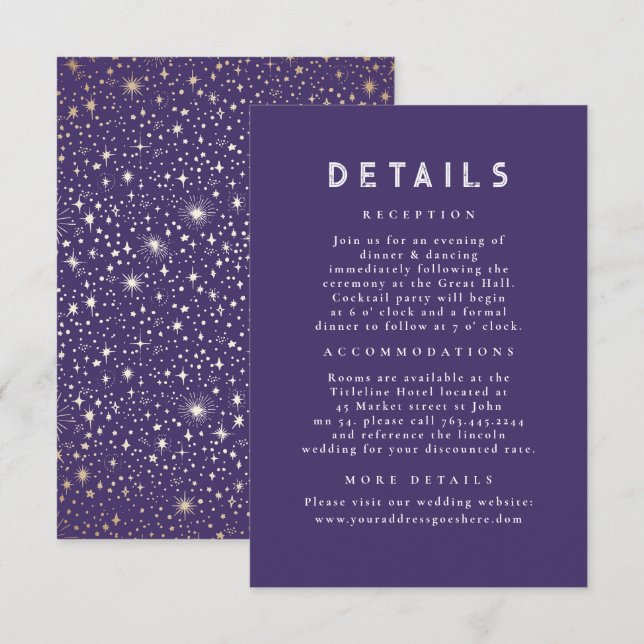 Tarjeta De Recepción Detalles del Boda púrpura Celestial Starry Night (Anverso / Reverso)
