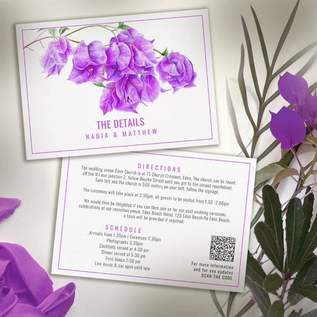 Tarjeta De Recepción Detalles del boda púrpura de Bougainvillea QR (Subido por el creador)