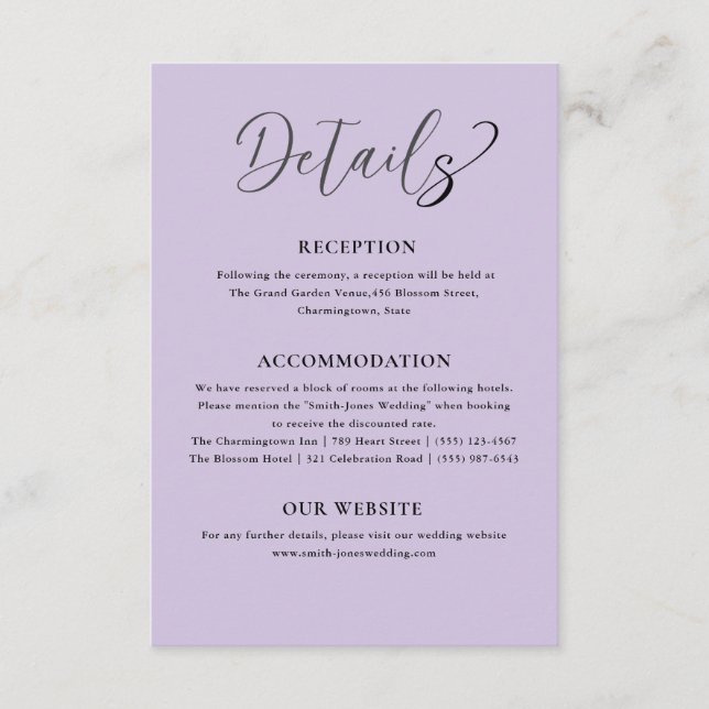 Tarjeta De Recepción Detalles del Boda púrpura moderno (Anverso)
