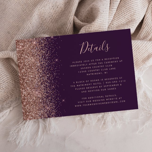 Tarjeta De Recepción Detalles del Boda Purpurina Rosa dorado morado osc (Subido por el creador)