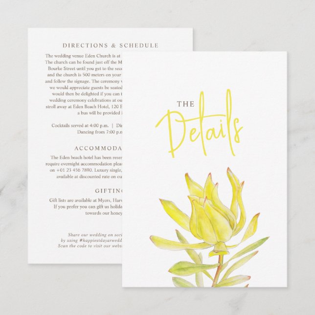 Tarjeta De Recepción detalles del boda QR boda leucadendron amarillo (Anverso / Reverso)