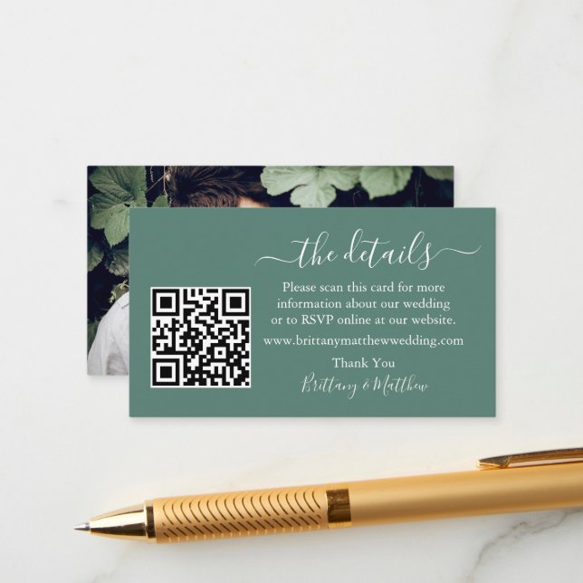 Tarjeta De Recepción Detalles del boda QR Photo Eucalyptus Green (Anverso/Reverso In Situ)