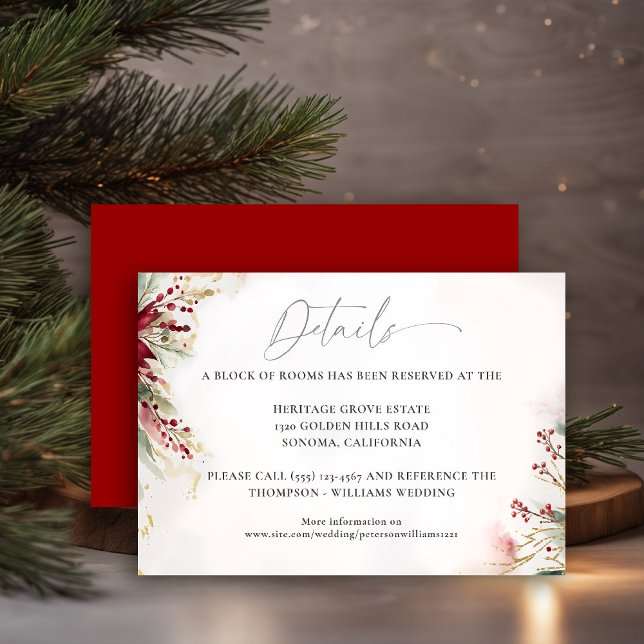 Tarjeta De Recepción Detalles del Boda rojo de los Navidades de la vege (christmas wedding details card botanical red berries watercolor greenery elegant modern classic)