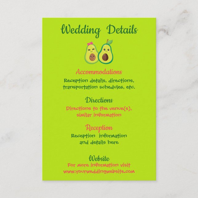 Tarjeta De Recepción Detalles del Boda romántico Cute Aguacates (Anverso)
