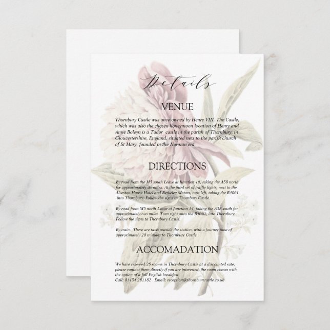 Tarjeta De Recepción Detalles del Boda Romántico de Peony (Anverso / Reverso)